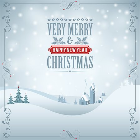 decor home new year - Christmas Poster with Retro Frame, Label, Tree and House. Vector Template for Cover, Flyer, Brochure. Stock Photo - Budget Royalty-Free & Subscription, Code: 400-08198175