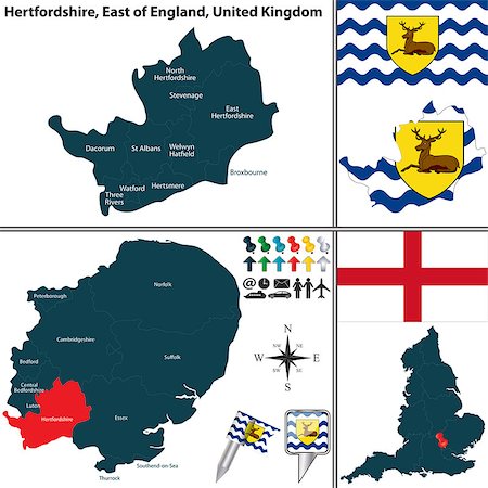 simsearch:400-08198216,k - Vector map of Hertfordshire in East of England, United Kingdom with regions and flags Stock Photo - Budget Royalty-Free & Subscription, Code: 400-08198214
