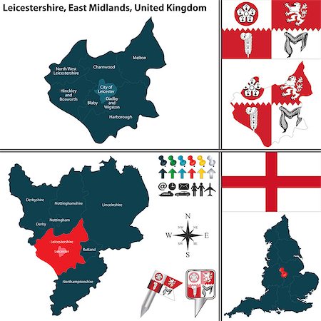 simsearch:400-08198214,k - Vector map of Leicestershire in East Midlands, United Kingdom with regions and flags Stock Photo - Budget Royalty-Free & Subscription, Code: 400-08198217