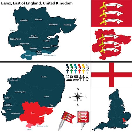 simsearch:400-08198206,k - Vector map of Essex in East of England, United Kingdom with regions and flags Photographie de stock - Aubaine LD & Abonnement, Code: 400-08198210
