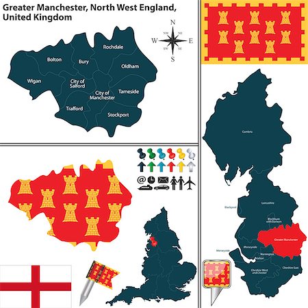 simsearch:400-08198216,k - Vector map of Greater Manchester in North West England, United Kingdom with regions and flags Stock Photo - Budget Royalty-Free & Subscription, Code: 400-08198213