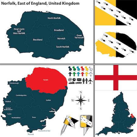 Vector map of Norfolk in East of England, United Kingdom with regions and flags Fotografie stock - Microstock e Abbonamento, Codice: 400-08198222