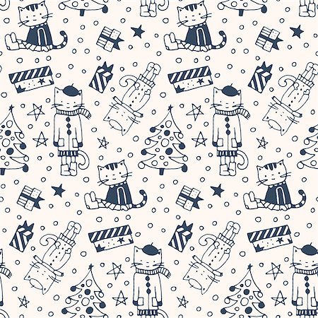 Seamless pattern with cats, gifts and Christmas fir-trees in doodle style.  Black and white drawing.  Vector illustration. Stock Photo - Budget Royalty-Free & Subscription, Code: 400-08198247