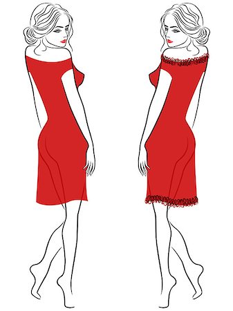 simsearch:400-07508424,k - Attractive graceful lady in translucent red dress in two versions, vector outline Foto de stock - Super Valor sin royalties y Suscripción, Código: 400-08198259