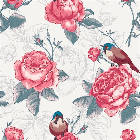 decorative flowers and birds for greetings card - Botanical floral seamless pattern in vintage style with blooming english roses and birds, vector illustration Stock Photo - Budget Royalty-Free & Subscription, Code: 400-08198385