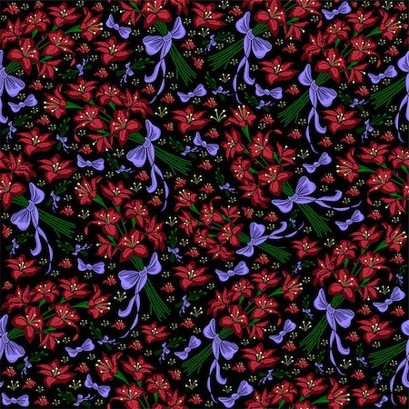 simsearch:400-07558492,k - Illustration of seamless floral pattern from lilies bouquets with bows on black background Fotografie stock - Microstock e Abbonamento, Codice: 400-08198407