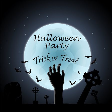 simsearch:400-05229027,k - Happy Halloween Greeting Card. Elegant Design With Zombie Hand, Bat, Grave, Cemetery and Moon  Over Grunge Dark Blue Starry Sky Background. Vector illustration. Stock Photo - Budget Royalty-Free & Subscription, Code: 400-08198705