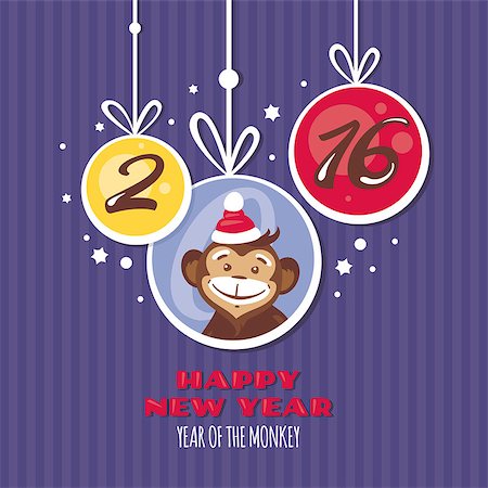 New year greeting card with monkey vector illustration Stock Photo - Budget Royalty-Free & Subscription, Code: 400-08198795