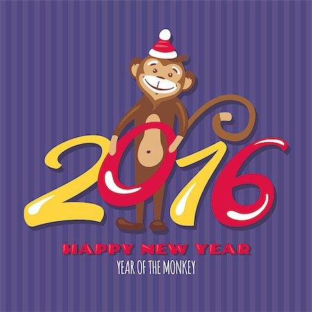 New year greeting card with monkey vector illustration Stock Photo - Budget Royalty-Free & Subscription, Code: 400-08198796