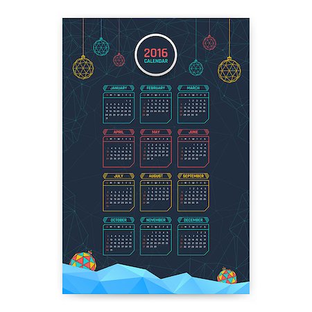 deniskolt (artist) - Christmas modern Calendar 2016 year design. English, Week starts Sunday Foto de stock - Royalty-Free Super Valor e Assinatura, Número: 400-08199041