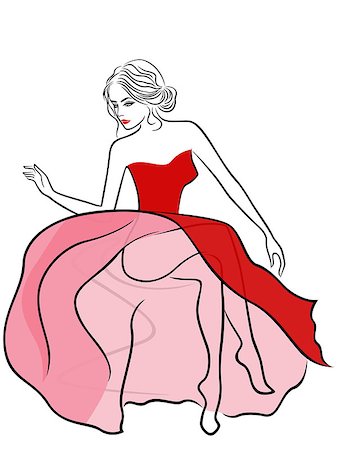 simsearch:400-07508424,k - Attractive graceful lady in translucent spiffed red and pink trendy dress sitting on abstract sofa, sketching vector illustration Foto de stock - Super Valor sin royalties y Suscripción, Código: 400-08199058