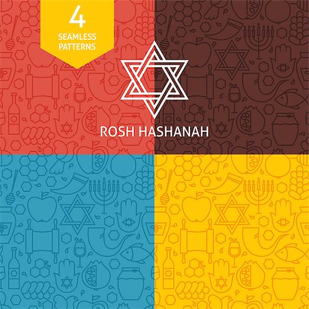 simsearch:400-09080023,k - Thin Line Rosh Hashanah Holiday Patterns Set. Four Vector Jewish New Year Design and Seamless Background in Trendy Modern Line Style. Israel Judaism Religion Stock Photo - Budget Royalty-Free & Subscription, Code: 400-08199181
