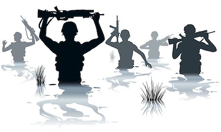 simsearch:400-06735733,k - EPS8 editable vector illustration of soldiers on patrol wading through water Foto de stock - Royalty-Free Super Valor e Assinatura, Número: 400-08199217