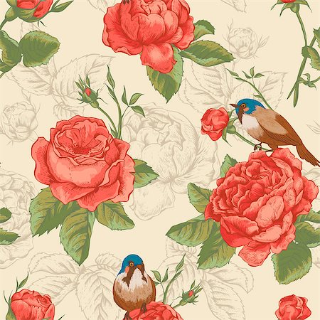 decorative flowers and birds for greetings card - Botanical floral seamless pattern in vintage style with blooming english roses and birds, vector illustration Stock Photo - Budget Royalty-Free & Subscription, Code: 400-08199300
