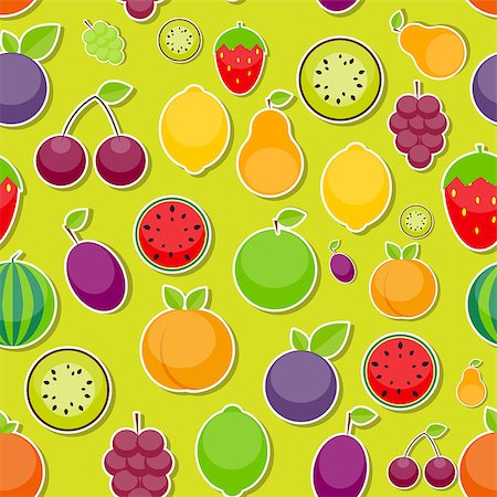 Seamless Pattern Background from Apple, Orange, Plum, Cherry, Lemon, Lime, Watermelon, Strawberries, Kiwi, Peaches, Grapes and Pear  Vector Illustration. EPS10 Stock Photo - Budget Royalty-Free & Subscription, Code: 400-08199342