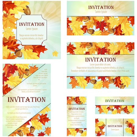 simsearch:400-08199764,k - Set of Invitation Cards in Different  Size and Formats. Elegant Autumn Design With Maple and Oak Leaves and Acorns Over Sky Background With Beams of Sun. Vector Illustration. Stock Photo - Budget Royalty-Free & Subscription, Code: 400-08199462