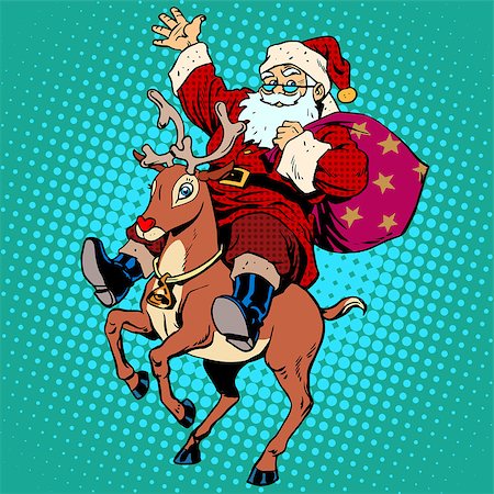 rudolf - Santa Claus with gifts Christmas reindeer Rudolf. Retro style pop art Fotografie stock - Microstock e Abbonamento, Codice: 400-08199610