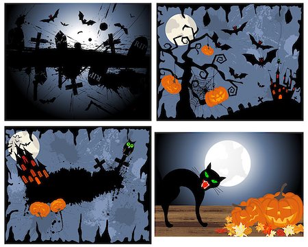 scary black cat - Set of Halloween Greeting Cards. Elegant Design With Pumpkin, Moon, Tree, Grave, Castle, and Cats Over Grunge Dark Sky Background. Vector illustration. Stock Photo - Budget Royalty-Free & Subscription, Code: 400-08199695