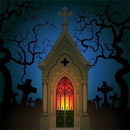 simsearch:400-05053880,k - Old Gothic Crypt in Cemetery at Night Stock Photo - Budget Royalty-Free & Subscription, Code: 400-08199758