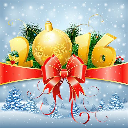 New Year Background with Fir Branches, Bauble, Streamer, Bow and Stylized 2016. Vector Template for Cover, Flyer, Brochure, Greeting Card. Stock Photo - Budget Royalty-Free & Subscription, Code: 400-08199750