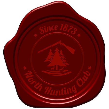 Hunting Vintage Emblem. Opened Hunting  Gun, Fir Tree, Deer Silhouette and Trap. Suitable for Advertising, Hunt Equipment, Club And Other Use.  Dark Red Retro Seal Style.  Vector Illustration. Stock Photo - Budget Royalty-Free & Subscription, Code: 400-08199871