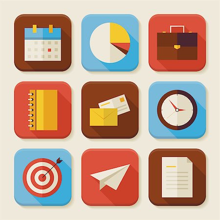 simsearch:400-08041191,k - Flat Business and Office Squared App Icons Set. Flat Style Vector Illustrations. Back to School. Science and Education Set. Collection of Square Rectangular Shape Application Colorful Icons with Long Shadow Stock Photo - Budget Royalty-Free & Subscription, Code: 400-08190069