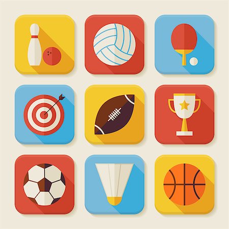 Flat Sport and Activities Squared App Icons Set. Flat Style Vector Illustrations. Team Games. First place. Collection of Square Rectangular Shape Application Colorful Icons with Long Shadow Stock Photo - Budget Royalty-Free & Subscription, Code: 400-08190071