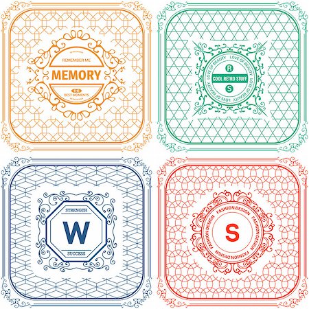 simsearch:400-08189933,k - Vector set of line graphic design templates.  Logo, label, badge, emblem on decorative backgrounds with simple patterns Fotografie stock - Microstock e Abbonamento, Codice: 400-08190240