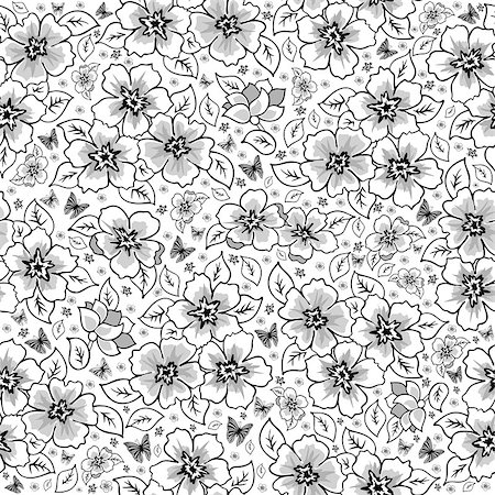 simsearch:400-07558497,k - Illustration of seamless floral pattern with butterflies in black, grey and white colours Photographie de stock - Aubaine LD & Abonnement, Code: 400-08190269