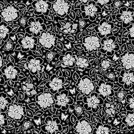simsearch:400-07933409,k - Illustration of seamless floral pattern with butterflies in black, grey and white colours Photographie de stock - Aubaine LD & Abonnement, Code: 400-08190270