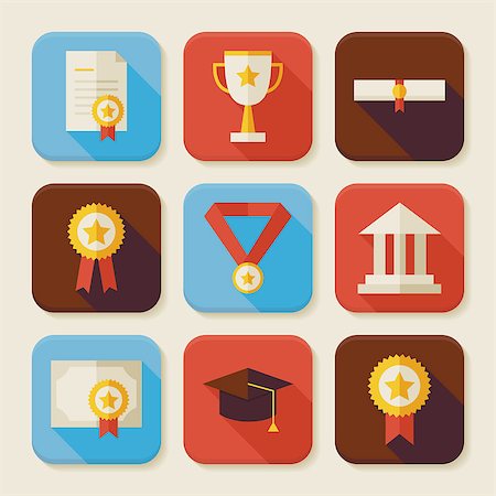 simsearch:400-06460331,k - Flat Graduation and Success Squared App Icons Set. Flat Style Vector Illustrations. Back to School. Graduate from University. Diploma and Certificate. Collection of Square Rectangular Shape Application Colorful Icons with Long Shadow Stock Photo - Budget Royalty-Free & Subscription, Code: 400-08190560