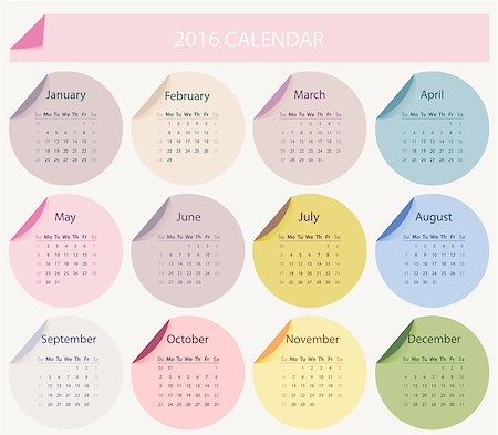 simsearch:400-08194861,k - Simple 2016 year circle calendar in bright colors Foto de stock - Royalty-Free Super Valor e Assinatura, Número: 400-08190574