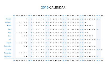 simsearch:400-08262897,k - Linear 2016 year calendar in black and blue Fotografie stock - Microstock e Abbonamento, Codice: 400-08190575