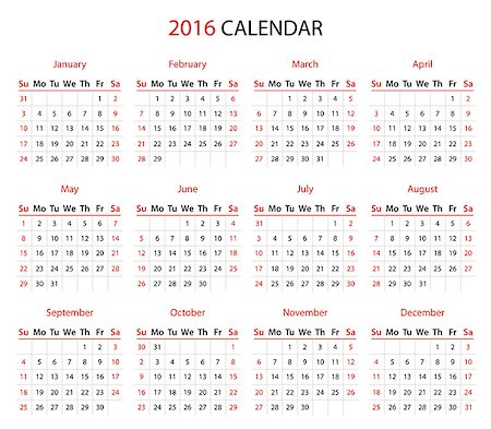 simsearch:400-08262900,k - Simple 2016 year calendar in black and red Fotografie stock - Microstock e Abbonamento, Codice: 400-08190572
