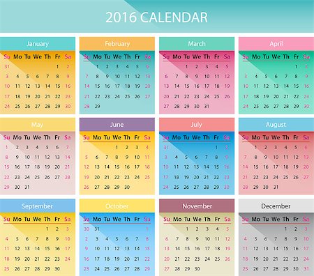 simsearch:400-08262897,k - Simple 2016 year calendar in bright colors Fotografie stock - Microstock e Abbonamento, Codice: 400-08190573