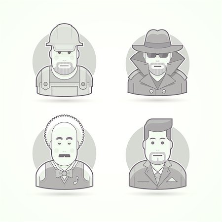 simsearch:400-07975463,k - Worker, spy, musician and suit man icons. Avatar and person illustrations. Flat black and white outlined style. Stock Photo - Budget Royalty-Free & Subscription, Code: 400-08190584