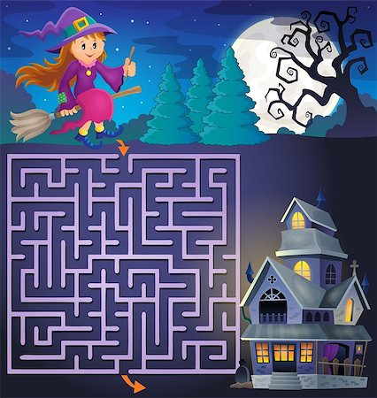 simsearch:400-09068519,k - Maze 3 with cute witch and haunted house - eps10 vector illustration. Foto de stock - Royalty-Free Super Valor e Assinatura, Número: 400-08190762