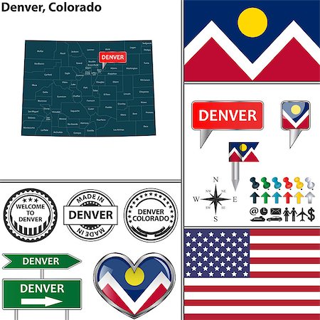 states flag and atlas - Vector set of Denver, Colorado in USA with flag and icons on white background Stock Photo - Budget Royalty-Free & Subscription, Code: 400-08190808