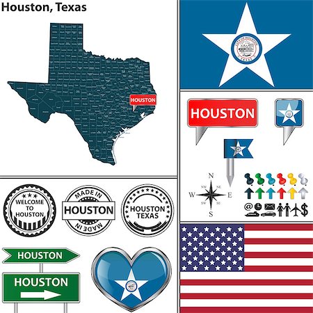 simsearch:400-07795478,k - Vector set of Houston, Texas in USA with flag and icons on white background Photographie de stock - Aubaine LD & Abonnement, Code: 400-08190817