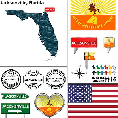 Vector set of Jacksonville, Florida in USA with flag and icons on white background Foto de stock - Super Valor sin royalties y Suscripción, Código: 400-08190820