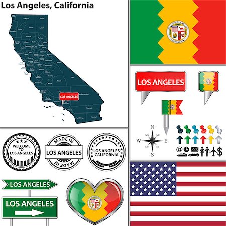 simsearch:400-07795478,k - Vector set of Los Angeles, California in USA with flag and icons on white background Photographie de stock - Aubaine LD & Abonnement, Code: 400-08190822