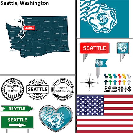 simsearch:400-07429600,k - Vector set of Seattle, Washington in USA with flag and icons on white background Foto de stock - Super Valor sin royalties y Suscripción, Código: 400-08190841