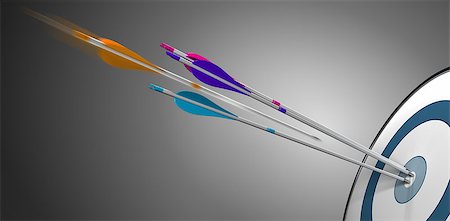 Three arrow hitting a target bullseye plus an orange one in motion about to hit the center. Concept image for competitiveness or business performance. Stock Photo - Budget Royalty-Free & Subscription, Code: 400-08190927