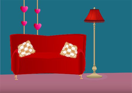 Cartoon bedroom with red sofa  pillows and red floor lamp near the sofa and hearts as a decoration Stock Photo - Budget Royalty-Free & Subscription, Code: 400-08191025