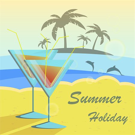 egor_zaharov (artist) - Summer holidays vector illustration set with cocktails, palms, sun, sky, sea and dolphins Fotografie stock - Microstock e Abbonamento, Codice: 400-08191111