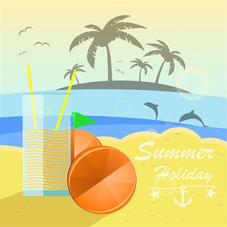 egor_zaharov (artist) - Beautiful seaside view with oranges and juice. Summer holiday vector background. Eps 10 Fotografie stock - Microstock e Abbonamento, Codice: 400-08191112