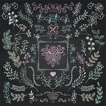 simsearch:400-08755813,k - Vector Chalk Drawing Hand Sketched Rustic Floral Doodle Branches, Design Elements. Decorative Floral Frames, Branches, Swirls. Vector Illustration. Chalkboard Background Texture. Pattern Brushes. Stock Photo - Budget Royalty-Free & Subscription, Code: 400-08191178