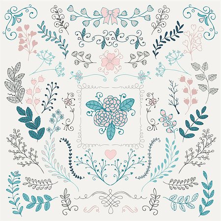 simsearch:400-08755813,k - Vector Colorful Hand Sketched Rustic Floral Doodle Branches, Design Elements. Decorative Floral Frames, Dividers, Branches, Swirls. Hand Drawing Vector Illustration. Pattern Brushes. Stock Photo - Budget Royalty-Free & Subscription, Code: 400-08191179