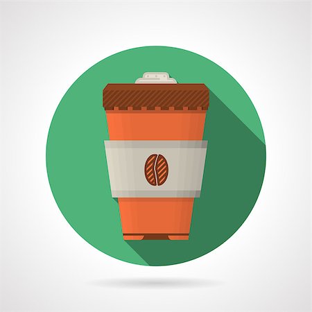 simsearch:400-08978724,k - Round green flat color design vector icon for orange disposable coffee cup with holder and brown lid on gray background with long shadows. Photographie de stock - Aubaine LD & Abonnement, Code: 400-08191184