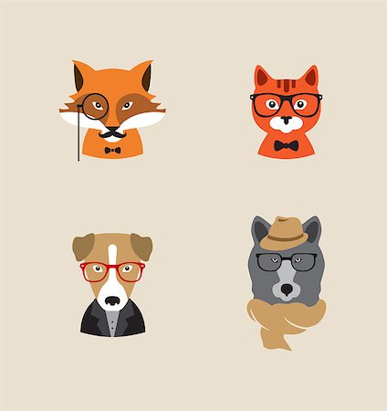 fashion dog cartoon - Collection of hipster cartoon character animals fox , cat, dog , bear with accessories isolated vector illustration Stock Photo - Budget Royalty-Free & Subscription, Code: 400-08191518